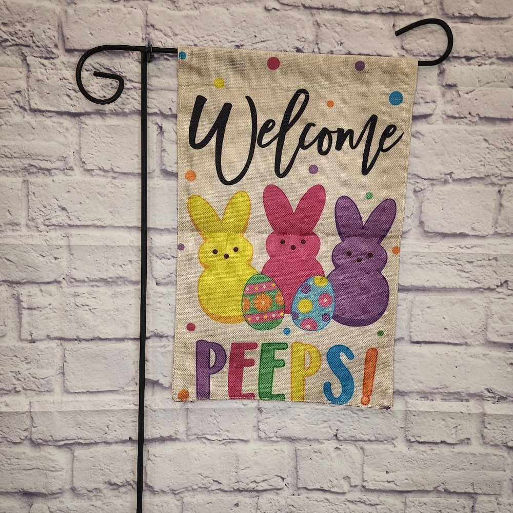 Easter Garden Flag, Welcome Peeps, Peeps And Eggs, Yellow/Pink/Purple, NEW